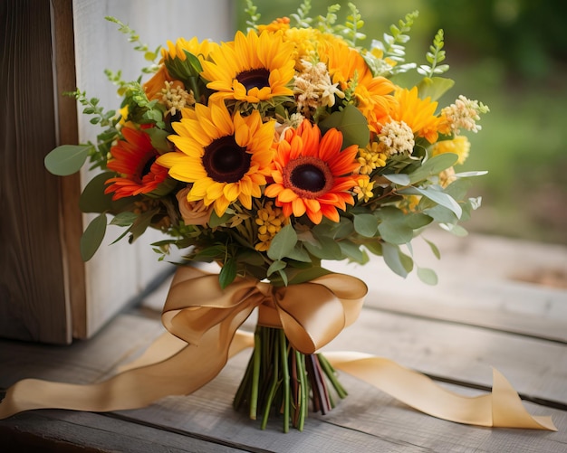 Een vrolijk boeket met een uitbarsting van gele zonnebloemen levendige oranje madeliefjes