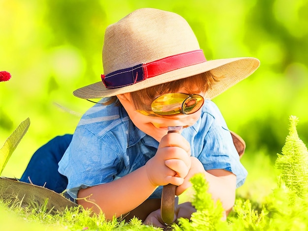 Een vrolijk en extravert kind met een zonnehoed die de natuur verkent met een vergrootglas