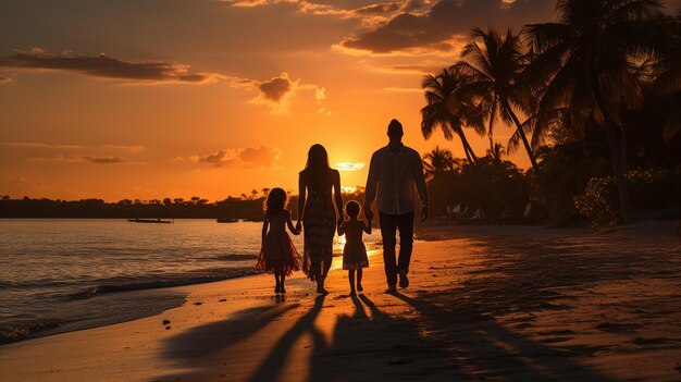 Een vrolijk gezin geniet van hun zomervakantie terwijl ze hand in hand wandelen langs een prachtig strand in de schemering