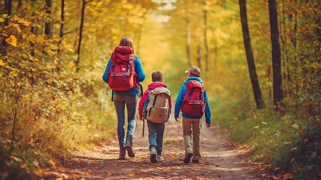 Een vrolijk gezin wandelde door het bos met rugzakken op Generative AI