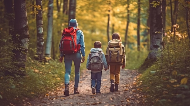 Een vrolijk gezin wandelde door het bos met rugzakken op Generative AI