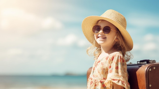 Een vrolijk jong meisje met een strohoed en een zonnebril met een kofferstrandavontuur