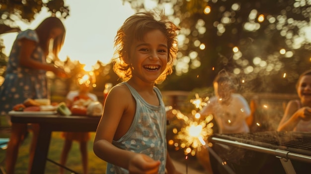 Een vrolijk kind dat op een zonnige zomeravond met vonken speelt tijdens een familiebarbecue