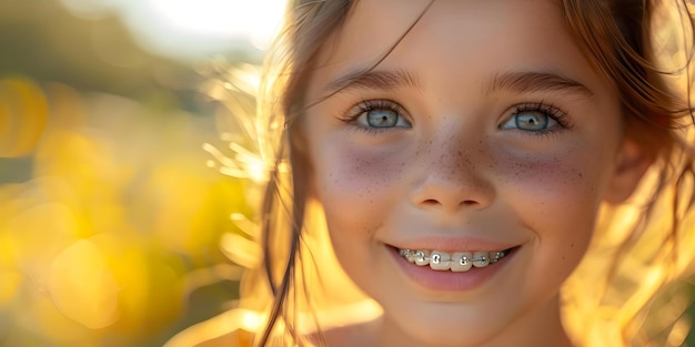 Foto een vrolijk kind dat tandheelkundige beugels draagt glimlacht helder in een close-up opname concept dental beugels kindportretten close-up opname vreugdevolle glimlach heldere uitdrukking