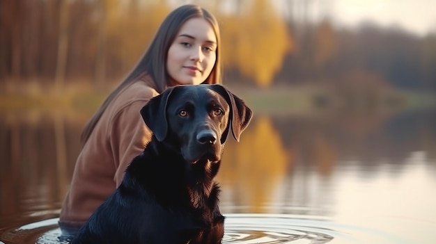 Een vrolijk klein meisje in de natuur met haar hond een Labrador Retriever Foto van hoge kwaliteit Generative AI