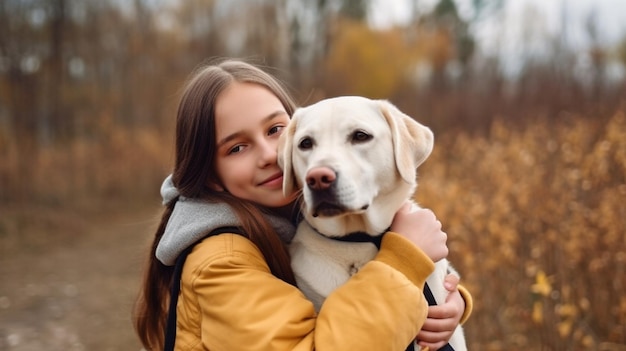 Een vrolijk klein meisje in de natuur met haar hond een Labrador Retriever Foto van hoge kwaliteit Generative AI