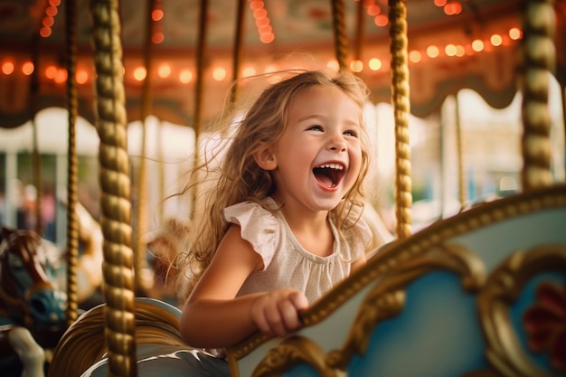 Een vrolijk meisje dat opwinding uitdrukt op een kleurrijke carrousel die plezier heeft tijdens haar vakantie