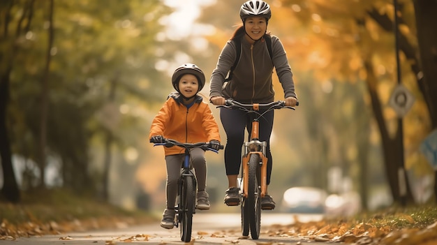 Een vrolijk meisje rijdt op een fiets met haar moeder gecreëerd met Generative AI technologie