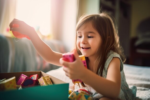 Een vrolijk meisje speelt met speelgoed in de kinderkamer.