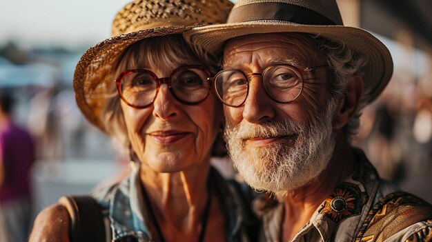 Een vrolijk portret van een oudere echtpaar reizigers op het vliegveld op vakantie