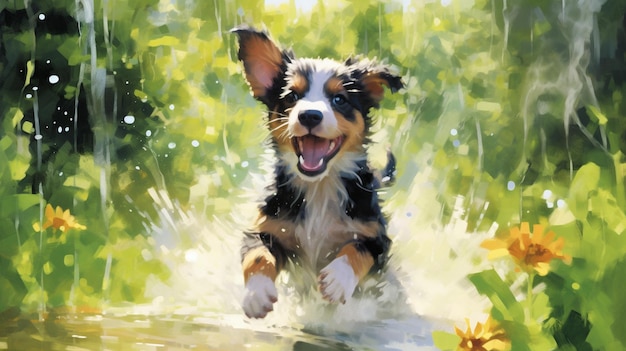 Een vrolijk tafereel van een puppy die onbevreesd in een sproeier springt, waterdruppels die er omheen vallen
