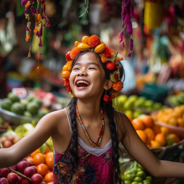 Een vrolijk Thais meisje met een bloem in haar haar