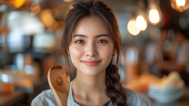 Een vrolijke Aziatische vrouw staat aan de tafel in de keuken met een houten lepel in haar handen