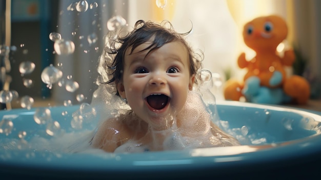 een vrolijke babyjongen die in een bubbelbad speelt