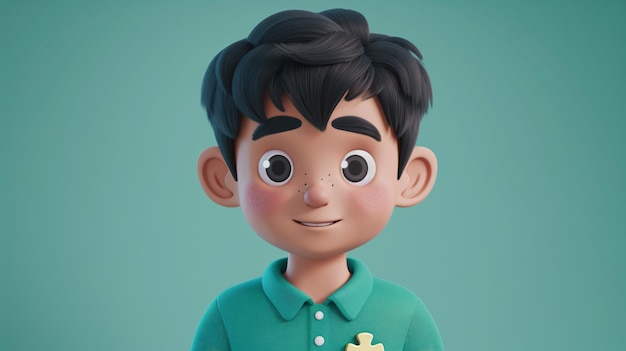 Een vrolijke cartoon jongen met een puzzelstuk dat teamwerk en probleemoplossing symboliseert afgebeeld in een levendige 3D headshot illustratie De jongen draagt een trendy jade groene polo shirt die toevoegt