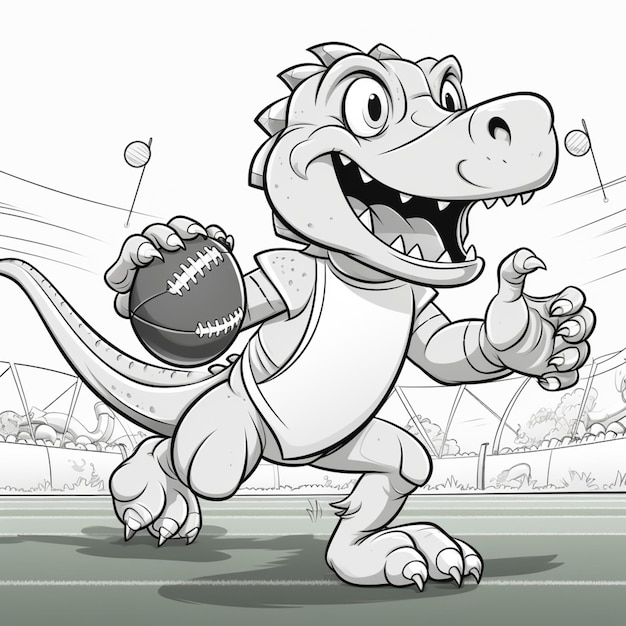 Een vrolijke dinosaurus die American football speelt