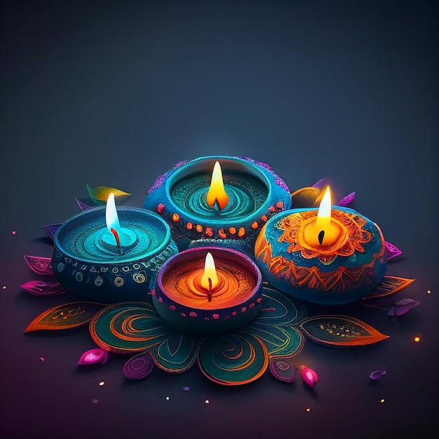 Een vrolijke Diwali-kaarsen in verschillende kleuren op een blauwe achtergrond