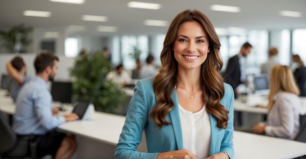 Een vrolijke en benaderbare professionele vrouw in casual kleding brengt een heldere en positieve energie