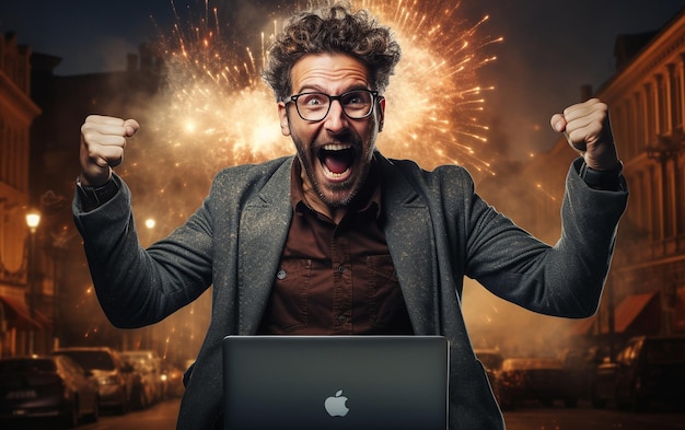 een vrolijke en energieke man met een laptop in een portret Generatieve AI