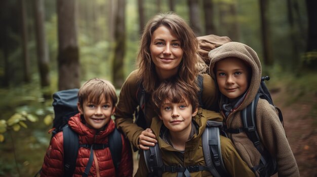 Foto een vrolijke familie ging wandelen in de wildernis met rugzakken generative ai