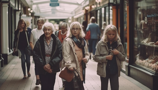 Een vrolijke groep mensen die buiten lopen en glimlachen, gegenereerd door kunstmatige intelligentie.