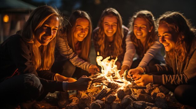 Foto een vrolijke groep tienervriendjes die marshmallows koken rond een kampvuur.