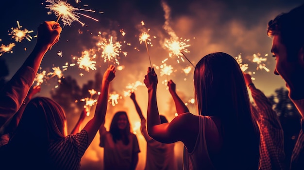 Een vrolijke groep vrienden geniet van een nieuwjaarsfeestje in een nachtclub.