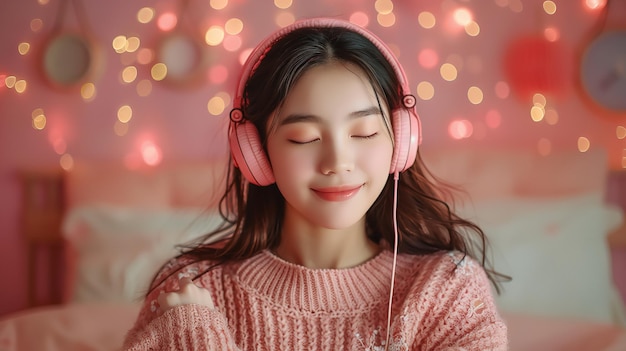 Een vrolijke jonge Aziatische vrouw die naar muziek luistert in een koptelefoon in een slaapkamer met een wazige achtergrond en een grote ruimte voor tekst of product Generatieve AI