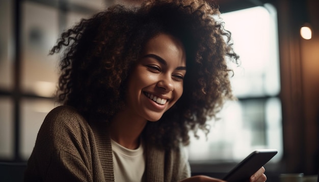 Een vrolijke jonge vrouw die glimlacht en een tablet vasthoudt die is gegenereerd door AI