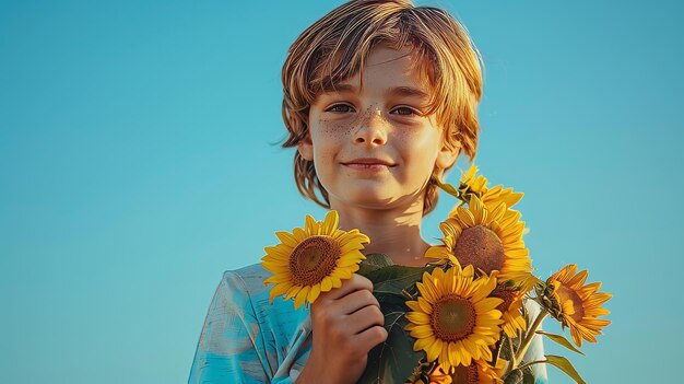 Een vrolijke jongen die een bundel zonnebloemen vasthoudt