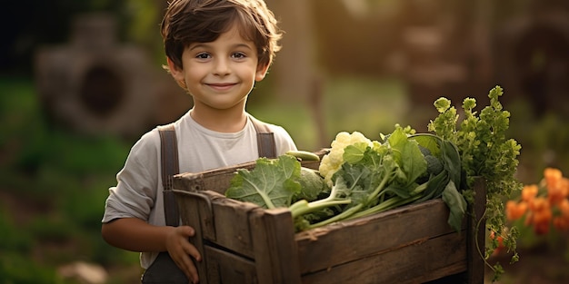 Een vrolijke jongen in de tuin houdt een krat vol groenten vast. Zijn geluk door de natuur en het werk straalt uit zijn glimlach AI Generatieve AI