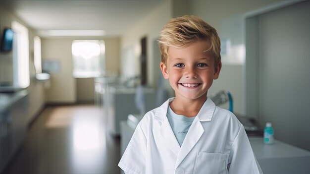 Een vrolijke jongen in een ziekenhuiskamer gekleed in een dokter39s kleding