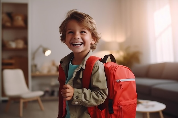 Een vrolijke jongen met een rugzak gaat thuis generatieve ai naar school