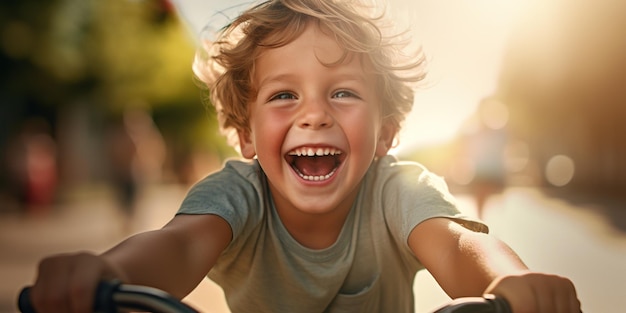 Een vrolijke jongen van 9 racet op zijn fiets, zijn glimlach schijnt als de zon