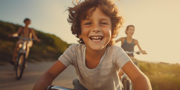 Een vrolijke jongen van 9 racet op zijn fiets, zijn glimlach schijnt als de zon