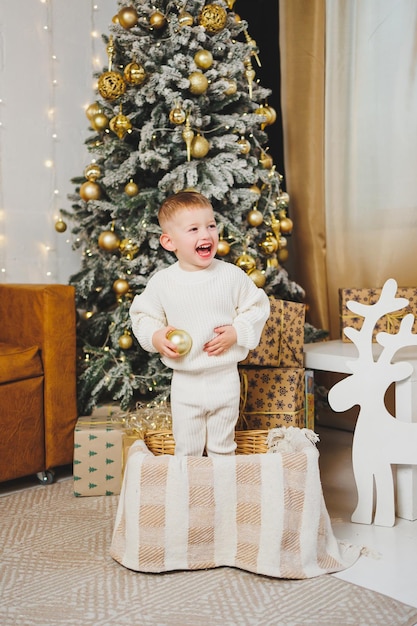 Een vrolijke kleine jongen van 23 jaar staat bij een kerstboom omringd door kransen en kerst presenteert het concept van een kerstverhaal een vakantie voor jonge kinderen kerstboom