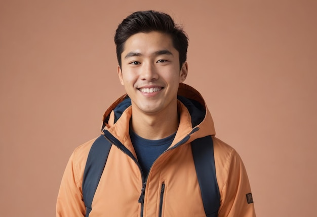 Een vrolijke man in een levendige oranje jas met een warme glimlach de jas en de vreugdevolle uitdrukking signaal