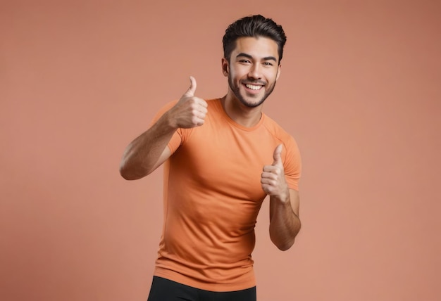 Foto een vrolijke man in een oranje t-shirt met dubbele duimen omhoog met een brede glimlach de warme achtergrond