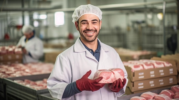 Een vrolijke medewerker in de vleesindustrie staat in de faciliteit terwijl ze vlees in een pakket Generative AI laadt