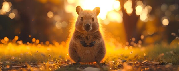 Een vrolijke quokka kruipt naar de camera's en kijkt naar de zonsondergang Fotorealistische AI-rendering Concept Quokka39's Speelse Pose zonsondergang Silhouette Fotorealistic AI Rendering