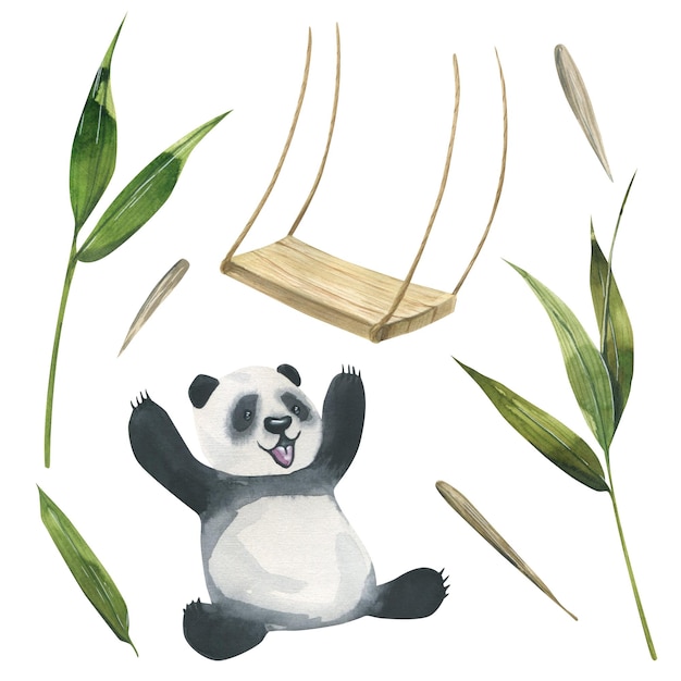 Een vrolijke schattige panda met bladeren zaden bamboetakken en zout Aquarel illustratie Een set geïsoleerde objecten op een witte achtergrond uit de BAMBOO collectie Voor decoratie en design