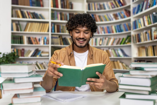 Een vrolijke student die diep in de studie zit te midden van een stapel boeken in een universiteitsbibliotheek.