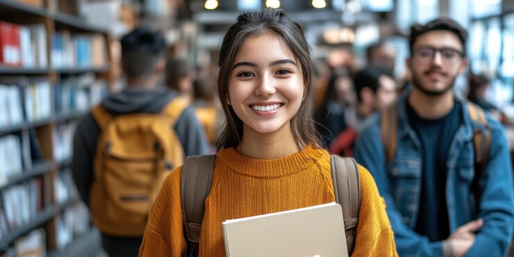 Een vrolijke student glimlacht terwijl hij een notitieboekje draagt in een levendige bibliotheek vol medeleerlingen