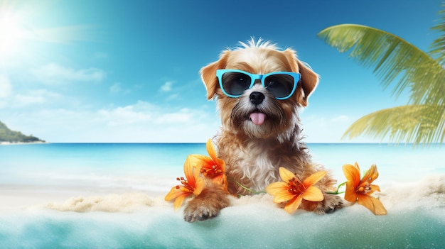 Een vrolijke teckelhond met een levendige zonnebril en een tropische lei, klaar voor een zonnige stranddag