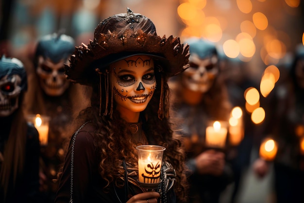 Een vrolijke tiener in Halloween-kostuum sluit zich aan bij de spannende parade