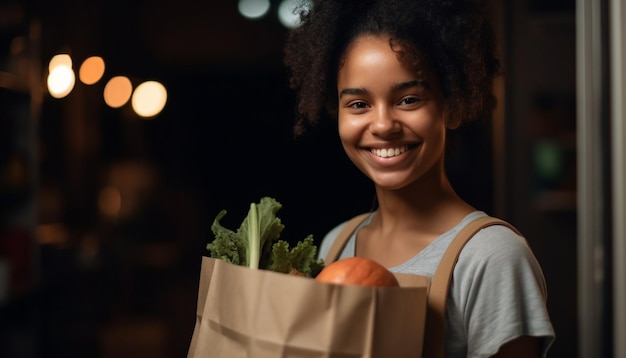 Een vrolijke vrouw die een papieren zak vasthoudt en verse boodschappen binnenshuis koopt, gegenereerd door AI