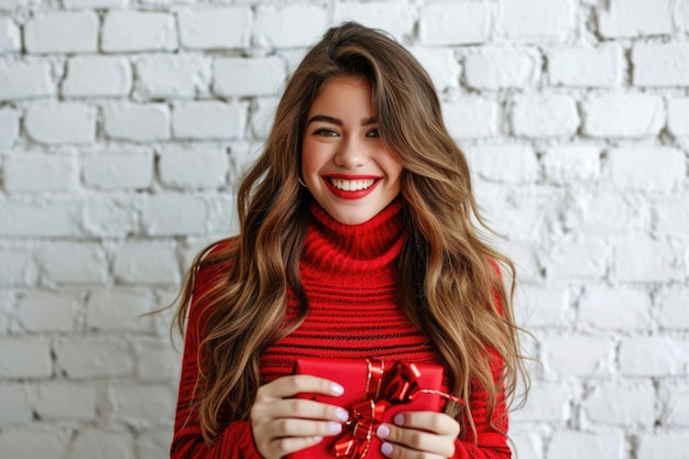 Een vrolijke vrouw in een rode coltrui houdt een prachtig ingepakte rode geschenkdoos vast met een strik. Haar opwinding is zichtbaar tegen de achtergrond van een schone witte bakstenen muur