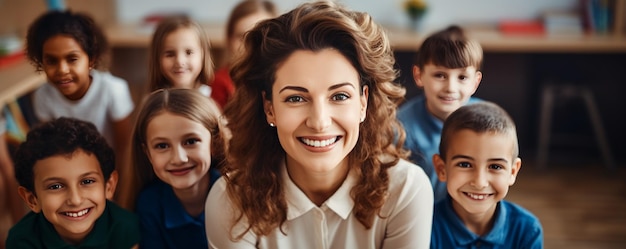 Een vrolijke vrouwelijke opvoeder gevangen in een portret met studenten zichtbaar in de achtergrond in een schoolomgeving