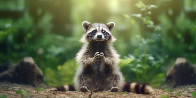 Een vrolijke wasbeer die in een ontspannen houding zit op een vredige open plek in het bos die door AI is gegenereerd