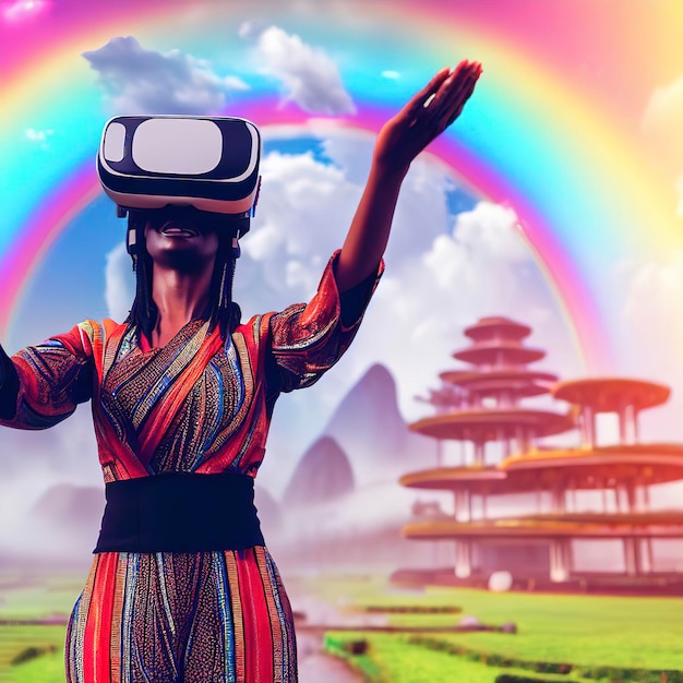 Een vrolijke zwarte vrouw met een VR-headset in een ShangriLa met een regenboog